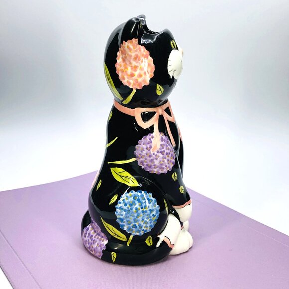 Vintage 90s Bella Casa GANZ Black Cat Head Vase: Whimsical Floral - Pink Bow - Picture 2 of 12